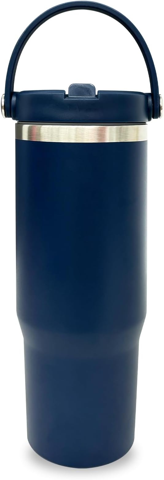 30 oz Tumbler with Top Handle, Double Wall Vacuum Insulated Tumbler with Flip Straw, Travel Coffee Mug 30oz Powder Coated Cup for Laser Engraving (Navy,1 pack)