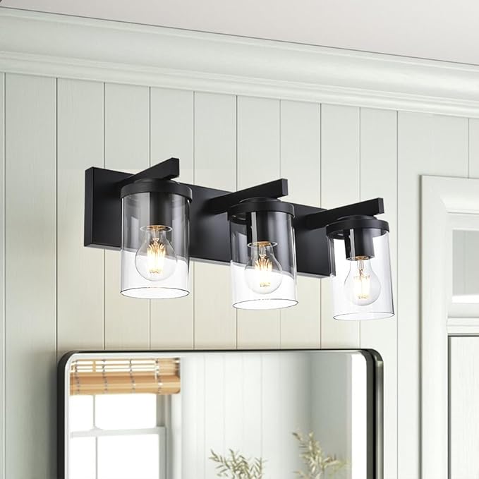 BONLICHT Modern 3-Light Vanity Light Fixture Black Bathroom Wall Light Over Mirror with Clear Glass Shade, Rustic Vintage Wall Sconce Lighting Farmhouse Wall Mounted Lamp for Powder Room Hallway - Bloomnest