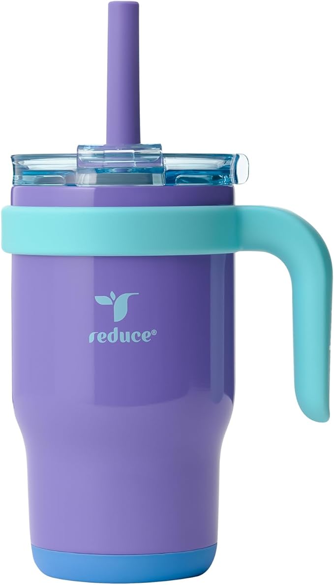 REDUCE 14 Oz Coldee Kids Tumbler with Lid and Straw - Coldee Insulated Travel Mug - Spill-Proof, Sweatproof Stainless Steel, BPA-Free - Includes Handle, Reusable Silicone Straw - Magnetic Purple - Bloomnest