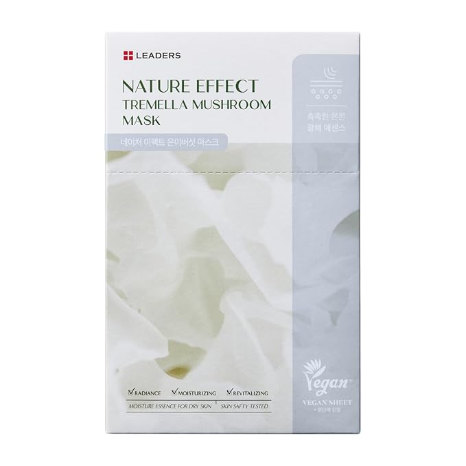 LEADERS Nature Effect Tremella Mushroom Mask - Hydrating & Elasticity Boosting Face Mask with Vegan Collagen, Moisturizing and Heals Dry Skin with Serum Content, Vegan Certified - 10 Sheets - Bloomnest