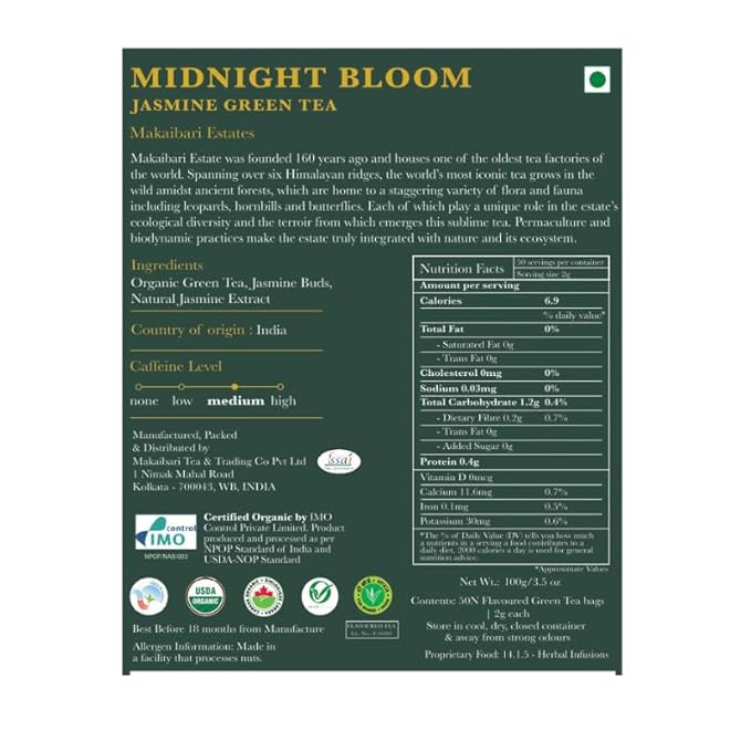Luxmi Estates, Midnight Bloom, Organic Jasmine Tea (Loose Leaf 100g) Jasmine and Darjeeling Green Tea for Energy with no Jitters, Natural Aid Relieve Stress, Improved Mental Clarity and Immunity - Bloomnest