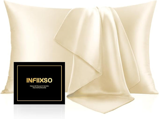 INFIIXSO Silk Pillow Cases 2 Pack Standard Size, Ultra Smooth & Soft Mulberry Silk Pillow Case for Hair and Skin, Breathable Cooling Silk Pillowcase with Hidden Zipper (Ivory, 20x26 Inches) - Bloomnest