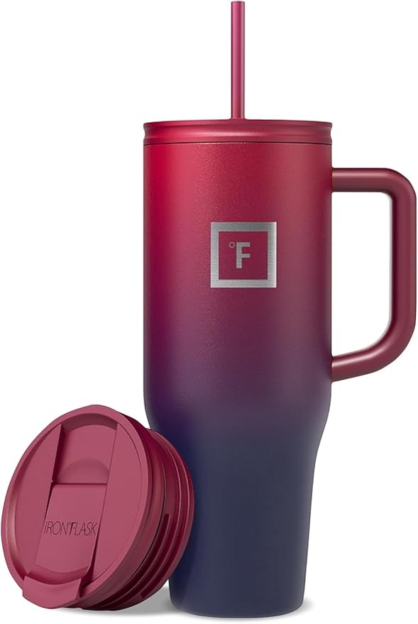 IRON °FLASK Co-Pilot Insulated Mug w/Straw & Flip Cap Lids - Cup Holder Bottle for Hot, Cold Drink - Leak-Proof - Water, Coffee Portable Travel Mug - Dark Rainbow, 40 Oz - Bloomnest