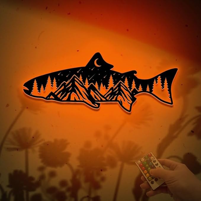 Personalized Neon Sign, Bass Fish Mountain Metal Wall Art Led Light, Fishing Gifts for Men, Gift for Dad, Fish and Trees Sign, Cabin Lodge Decor, Fisherman Gift - Bloomnest