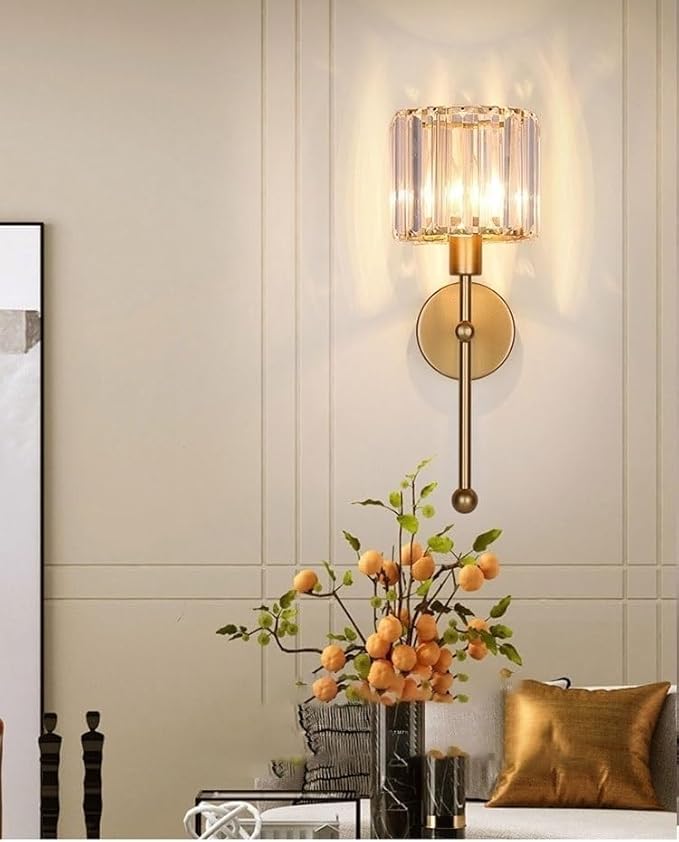 Modern Glass Crystal Wall Sconces Battery Operated Set of 2, Gold Rechargeable Wall Lights with Remote,Non Hardwired Clear Wall Lighting Fixture Brass for Bedroom Bathroom Living Room Porch - Bloomnest