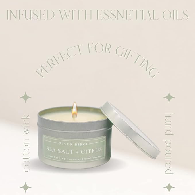 River Birch Candles Sea Salt + Citrus Scented Candle | Premium, All-Natural, Non-Toxic, Soy Candles | 8 oz. Silver Tin Travel Candle | Cozy Relaxing Gifts for Home - Bloomnest