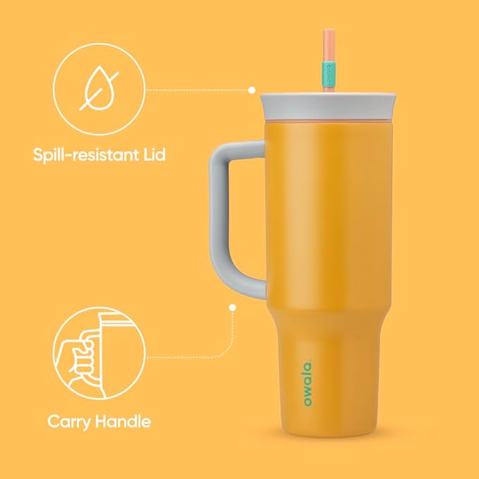 Owala Stainless Steel Triple Layer Insulated Travel Tumbler with Spill Resistant Lid, Straw, and Carry Handle, BPA Free, 40 oz, Orange (Tropical) - Bloomnest