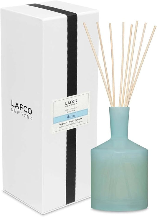 LAFCO New York Classic Reed Diffuser, Marine - 6 oz - Up to 3 Months Fragrance Life - Reusable Glass Vessel - Natural Wood Reeds - Made in The USA
