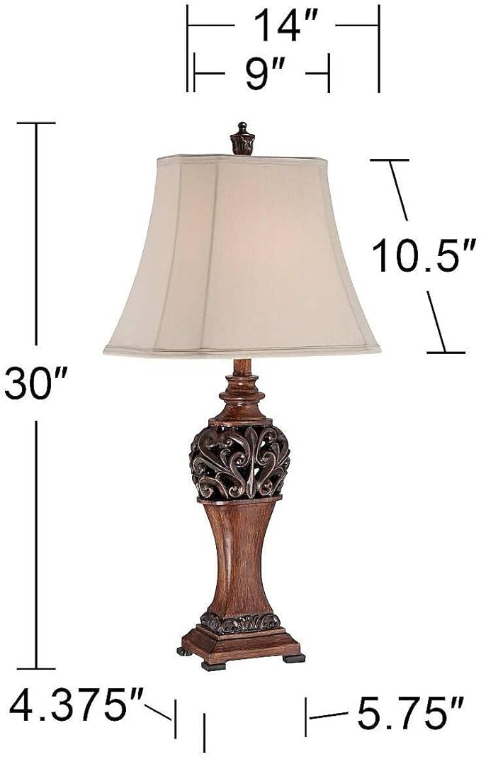 Regency Hill Exeter Traditional Style Table Lamps 30" Tall Full Size Set of 2 Bronze Wood Carved Leaf Creme Rectangular Bell Shade Decor for Living Room Bedroom House Bedside Nightstand Office - Bloomnest