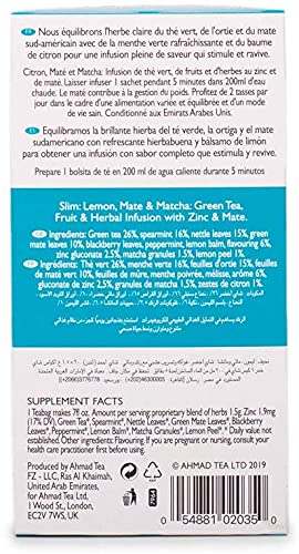Ahmad Tea Green Tea, Lemon, Mate, & Matcha 'Slim' Natural Benefits Teabags, 20 ct (Pack of 2) - Caffeinated & Sugar-Free - Bloomnest