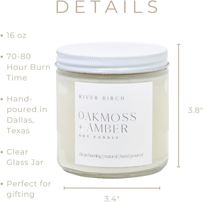 River Birch Candles Oakmoss + Amber Scented Candle | Premium, All-Natural, Non-Toxic, Soy Wax | 16oz 90 Hr Burn Time | Cozy Relaxing Gifts for Home - Bloomnest