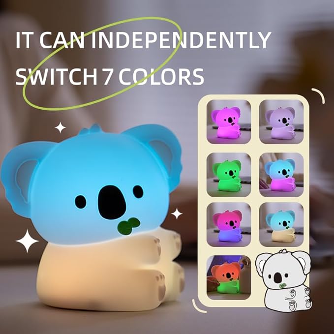 Night Light for Kids, 7 Color Changing BPA-Free Silicone Lamp with Touch Control, Eye Protection, Rechargeable Battery, Soft & Safe Nursery Lamp for Boys & Girls (Koala) - Bloomnest