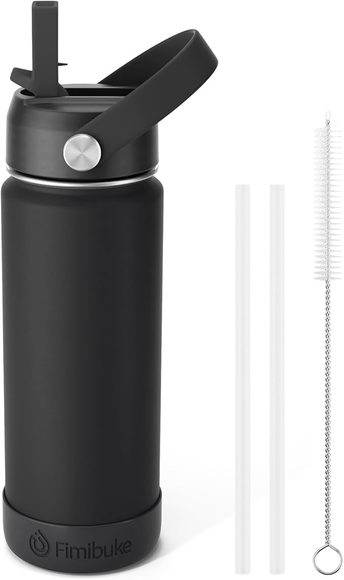 Fimibuke Kids Insulated Water Bottle, 18oz BPA FREE 18/8 Stainless Steel Kids Cup with Straw Travel Tumbler Double Wall Vacuum Leak Proof Toddler Water Bottle for School Boys Girls(1 Pack, Black) - Bloomnest