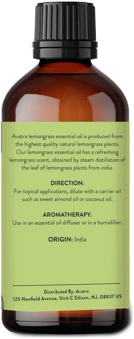 Avatra Lemongrass Essential Oil 100ML (3.38 OZ) with Glass Dropper and Travel Bottle, Pure and Natural Therapeutic Grade Lemongrass Oil for Diffuser, Aromatherapy, Massage, and DIY Candle Products - Bloomnest