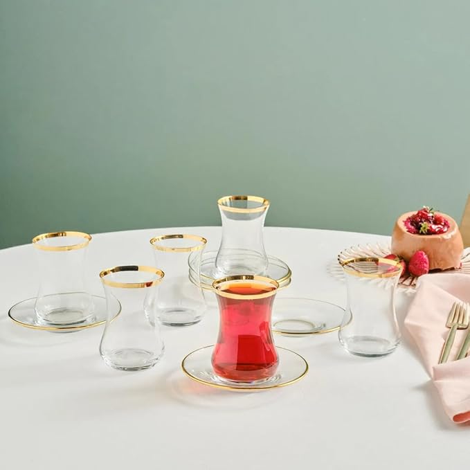 KARACA Sydney Glass Turkish Tea Set for 6 People, Gold, 12 Pieces Tea Service, 6 Turkish Tea Glasses with Saucers, Glass, 5.4 fl oz Tea Plates/Saucers - Bloomnest