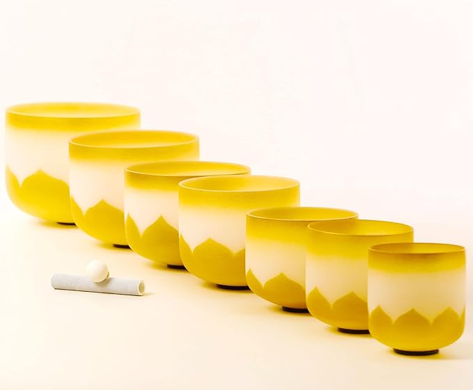 Leize 6-12 inch Gold Lotus Design Chakra Tuned 432hz Set of 7 Quartz Crystal Singing Bowls with Heavy Duty Carrying Cases and Singing Bowl Mallet Suede Strikers