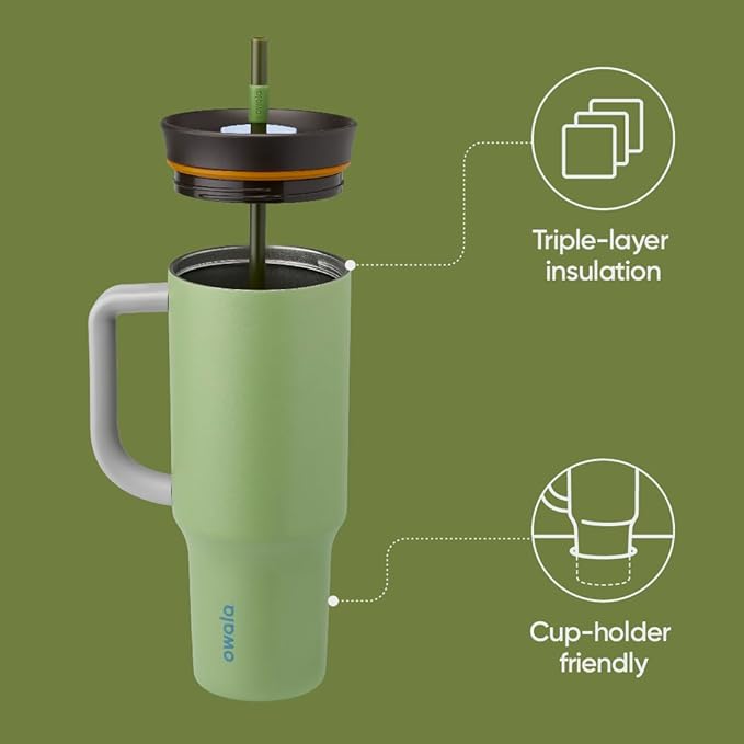 Owala Stainless Steel Triple Layer Insulated Travel Tumbler with Spill Resistant Lid, Straw, and Carry Handle, BPA Free, 40 oz, Green (Brave Adventures) - Bloomnest