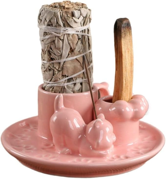 4 in 1 Casual Cat Incense Burner,Sage Holder Palo Santo Sticks Holder,Smudge Stick Ash Catcher Tray for Meditation Yoga Room (Pink) - Bloomnest