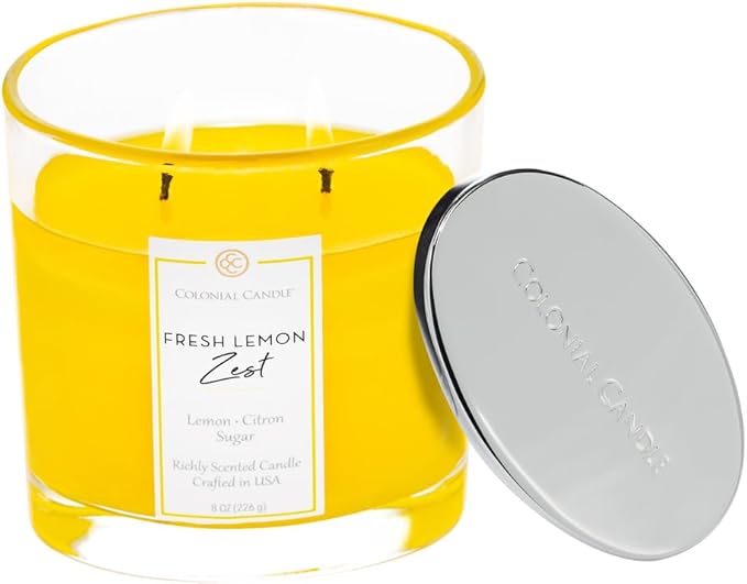 Colonial Candle Fresh Lemon Zest Scented Candle Jar, Highly Fragranced Candles for Home Scented, Mottled Wax Candle, 2 Wick, 8 oz - Made in The USA - Bloomnest