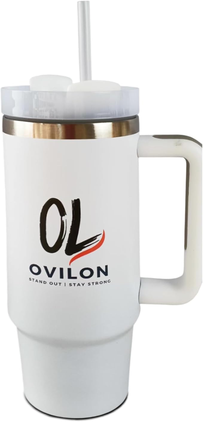 Ovilon Premium Travel Tumbler with Handle – Insulated Hot & Cold Drink Cup, Easy Grip, Leak-Proof Lid, Stainless Steel Mug (White, 30oz) - Bloomnest