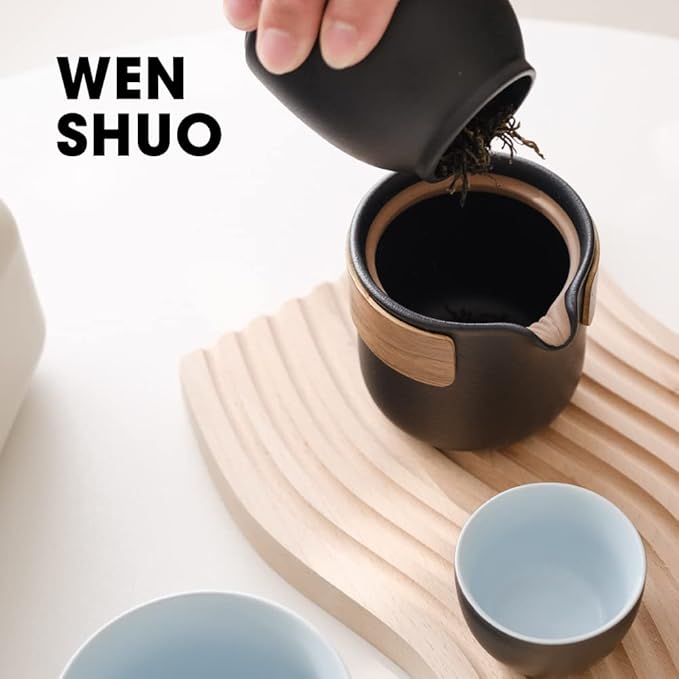 Chinese Tea Set, Ceramic Tea Cup Set, Wood Handle Tea Pot, Black Glaze, with Tea Caddy and Portable Bag