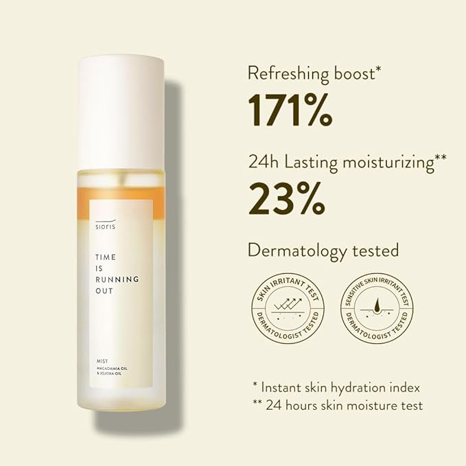 SIORIS Time Is Running Out mist 30ml (organic, vegan), glass skin face mist for Sensitive Skin, jojoba oil for moisture lock, enriched citrus water rejuvenates glass veil finish - Bloomnest