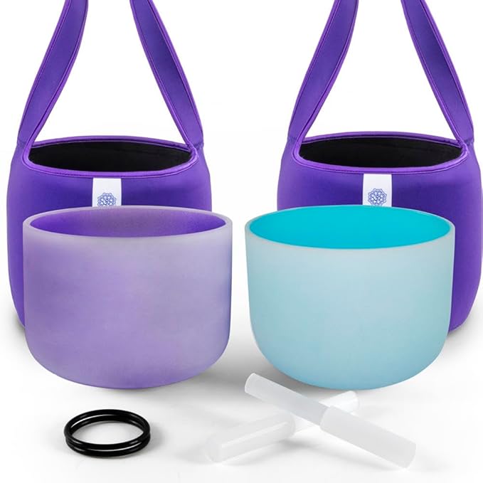 FMTY 10inch Crystal Singing Bowls set prefect pitch(±10HZ) Blue(Throat)+ Purple(Crown) with Soft Carrying Bag Sound Bowls Chakra Bowl