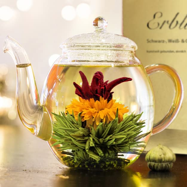 Creano Tea Flowers Mix Golden Gift Set Blooming Tea with Glass Teapot White, Green & Black Tea in 6 Varieties Tea Flower Blooming Tea Gift for Women - Bloomnest