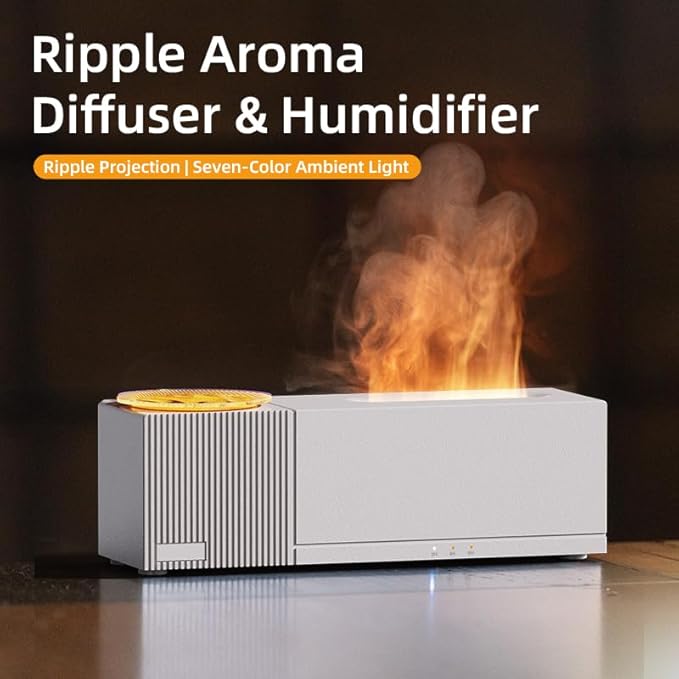 Essential Oil Diffuser, Ripple Projection Vibe Flame Oil Diffuser - Aromatherapy Aroma Humidifier, Upgrade 7 Flame Colors Noiseless 150ml Remote - Perfect for Bedroom Home Office (Ripple White) - Bloomnest
