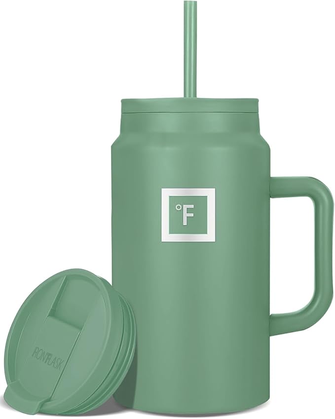 IRON °FLASK Co-Pilot Insulated Mug w/Straw & Flip Cap Lids - Cup Holder Bottle for Hot, Cold Drink - Leak-Proof - Water, Coffee Portable Travel Mug - Sage, 50 Oz - Bloomnest