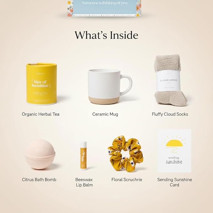 Unboxme Sunshine Care Package for Women, Spa Gift Basket with Tea, Mug, Bath Bomb, Candle, Cozy Socks, Thinking of You, Get Well, Birthday - Bloomnest