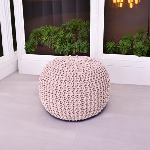 REDEARTH Round Pouf Ottoman - Hand Knitted Boho Poof Home Décor Pouffe Circular Footrest for Living Room - Bedroom - Lounge - 100% Cotton (19.5"x19.5"x14") - Pale Pink - Bloomnest