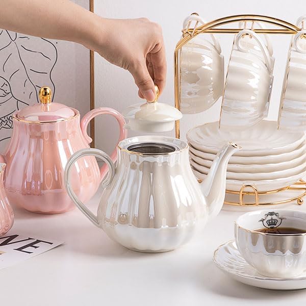 Porcelain Tea Sets British Royal Series, 8 OZ Cups& Saucer Service for 6, with Teapot Sugar Bowl Cream Pitcher Teaspoons and tea strainer for Tea/Coffee (Coral White) - Bloomnest