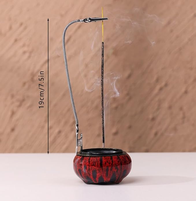 Incense Burner with Calabash Incense Stick Holder - Porcelain Charcoal Censer for Use with Resin Granular Powder Cone or Coil Incense (Kiln-Colored Red) - Bloomnest