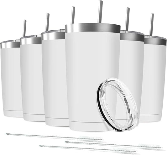 20oz Tumbler Vacuum Insulated Travel Mug with Lids, Stainless Steel Double Wall Bulk Cup for Home, Office, Outdoor Suitable for Vehicle Cup Holders(Set of 6, White)