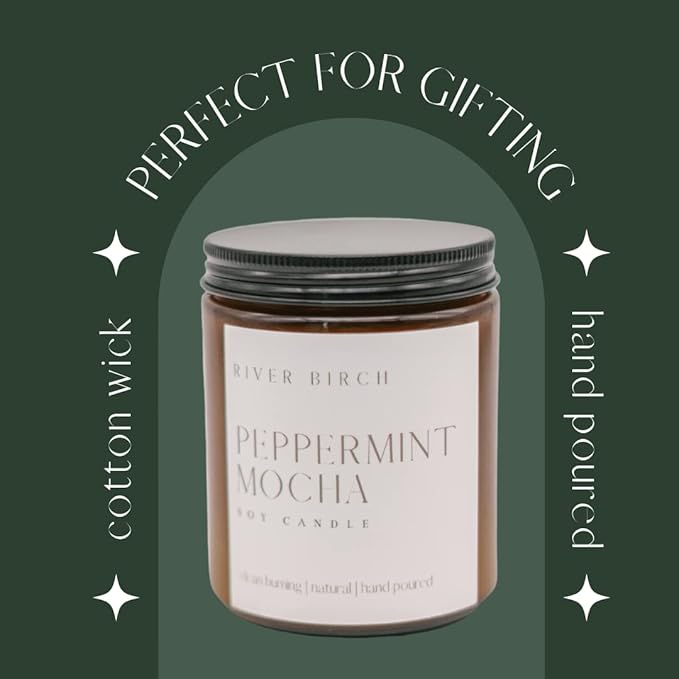 River Birch Candles Peppermint Mocha Scented Candle | Premium, All-Natural, Non-Toxic, Soy Amber Candles | 8.5oz 40 Hr Burn Time | Cozy Relaxing Gifts for Home - Bloomnest