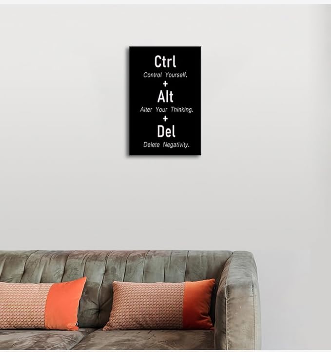 Motivational Wall Art CTRL ALT DEL Control Yourself Alter Your Thinking Delete Negativity Inspirational Wall Decor Positive Quotes For Workplace Office Home Bedroom Framed [12" W X 18" H] - Bloomnest