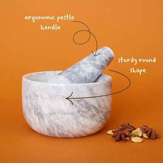 Kitchen Utensils & Gadgets, Seasoning & Spice Tools, Mortar Pestle Set, Grinder for Spices and Herbs, Kitchen Countertop, Small Spaces, Aesthetic, Sturdy, Round, 5" Wide, Gray White Marble Stone - Bloomnest