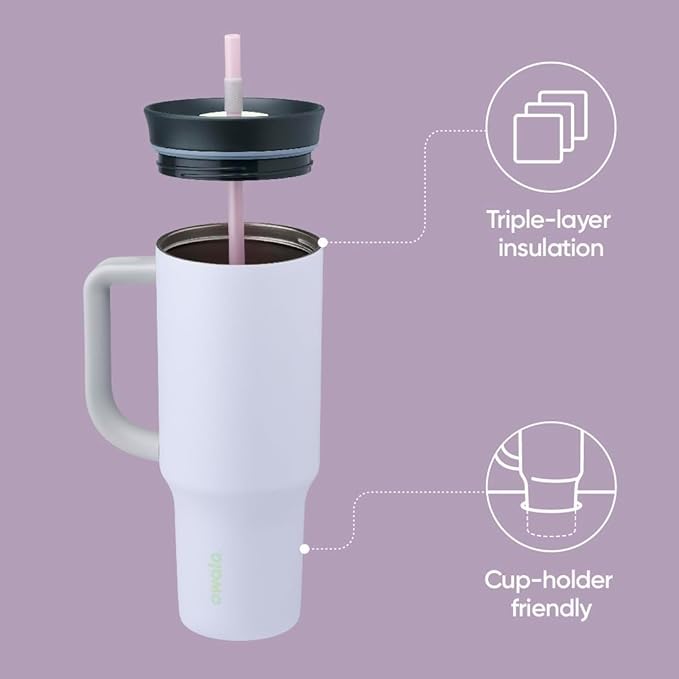 Owala Stainless Steel Triple Layer Insulated Travel Tumbler with Spill Resistant Lid, Straw, and Carry Handle, BPA Free, 40 oz, Purple (Bunny Hop) - Bloomnest