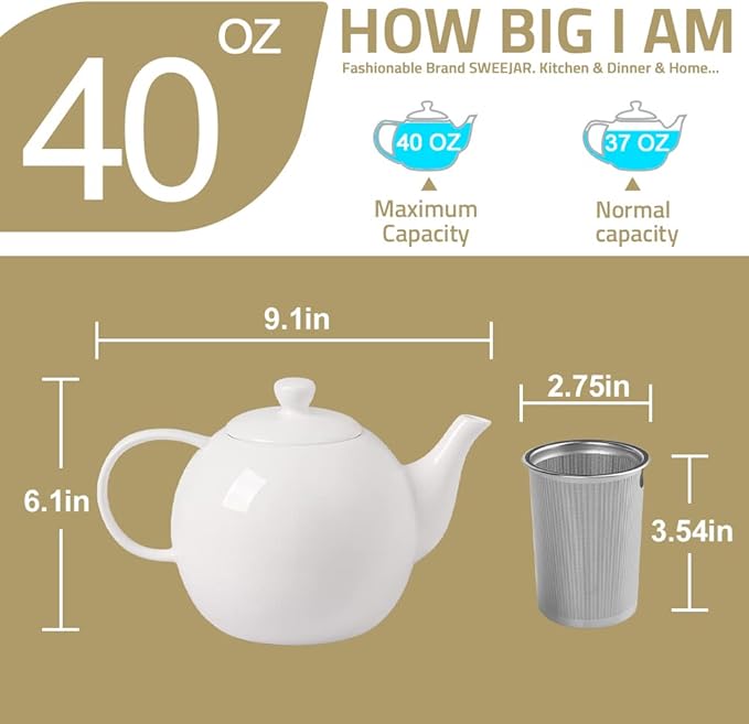 Sweejar Porcelain Teapot with Removable Stainless Steel Infuser,Microwave & Dishwasher Safe Tea Pots for Loose Tea,Tea Infuser Pots for Chrismas Women Gift (40oz Turquoise) - Bloomnest