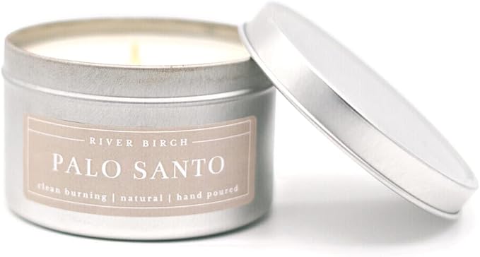 River Birch Premium, All-Natural, Non-Toxic Soy Candles | Palo Santo Scented | 8 oz. Silver Tin Travel Candle | Cozy Relaxing Gifts for Home - Bloomnest
