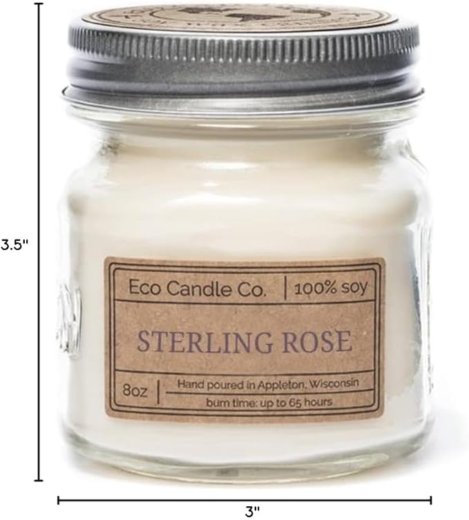 Eco Candle Co. Mason Jar Candle, Sterling Rose, 8 oz. - Scents of Green Notes, Fresh Cut Roses, Floral, & Musk - 100% Soy Wax, No Lead, Kraft Label & Antiqued Pewter Lid, Hand Made, Midwest Soybeans - Bloomnest