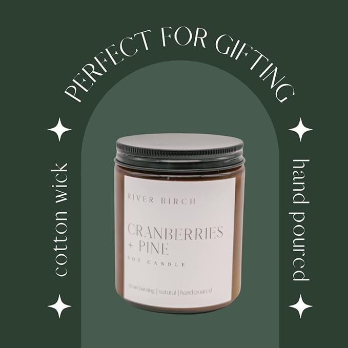 River Birch Candles Cranberries + Pine Scented Candle | Premium, All-Natural, Non-Toxic, Soy Amber Jar Candles | 8.5oz 40 Hr Burn Time | Cozy Relaxing Gifts for Home - Bloomnest