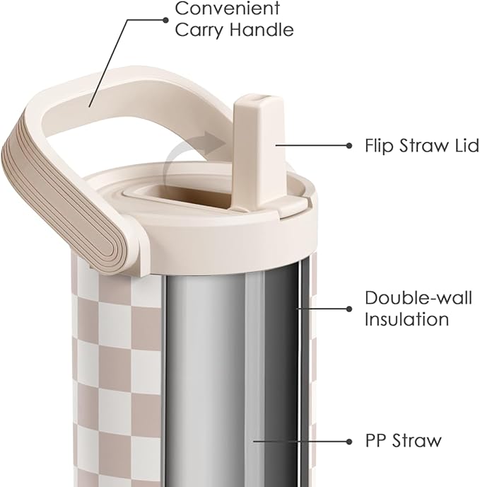 SANDJEST Checker Stainless Steel Straw Lid Tumbler 30oz with Carry Handle for Women Girls, Insulated Travel Coffee Cup, Gift for Sports Outdoor Workout Christmas Birthday - Bloomnest