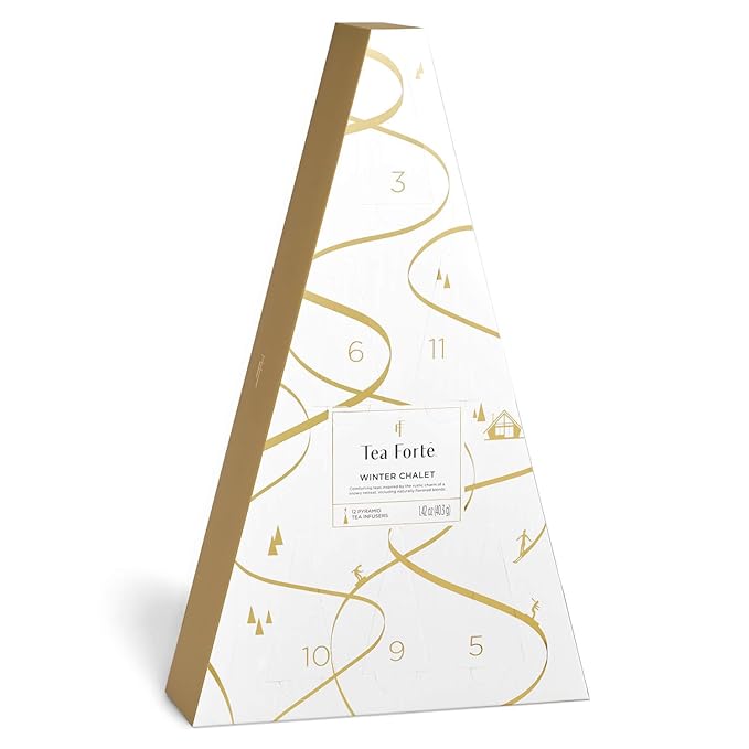 Tea Forte Tea Advent Calendar Gift Set; 12 Individually Wrapped Handcrafted Assorted Pyramid Infuser Tea Bags with Numbered Doors, Winter Chalet - Bloomnest