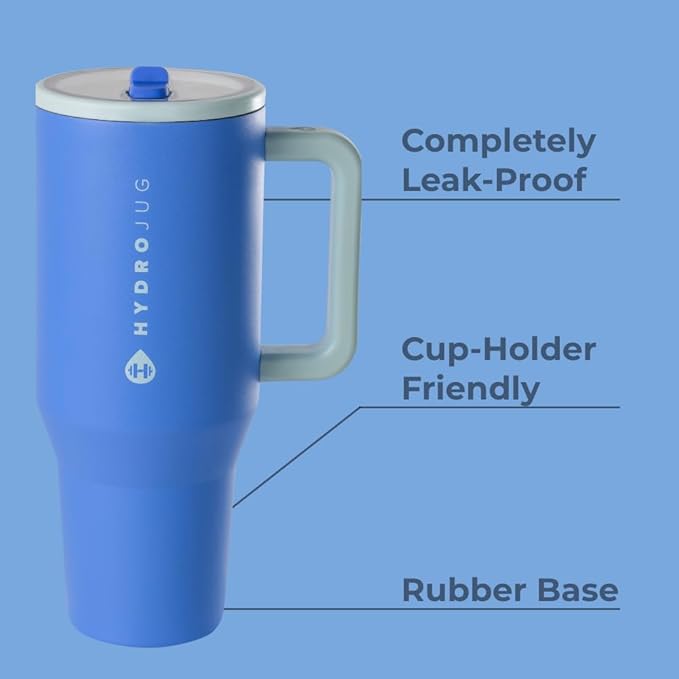 HydroJug Traveler - 32 oz Water Bottle with Handle & Flip Straw - Fits in Cup Holder, Leak Resistant Tumbler-Reusable Insulated Stainless Steel & Rubber Base - Gifts for Women & Men, Riptide - Bloomnest