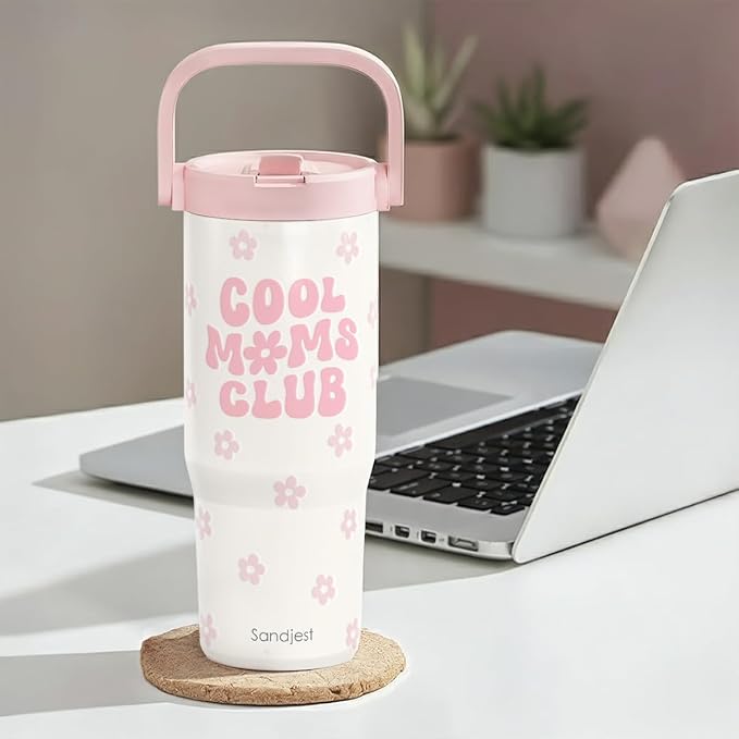 SANDJEST Mom Stainless Steel Straw Lid Tumbler 30oz with Carry Handle for Women, Cool Mom Club Insulated Travel Coffee Cup, Gift for Sports Outdoor Mother's Day Christmas Birthday - Bloomnest