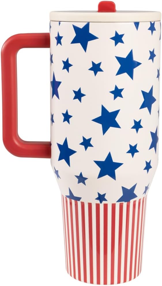 HydroJug Traveler - 40 oz Water Bottle with Handle & Flip Straw - Fits in Cup Holder, Leak Resistant Tumbler-Reusable Insulated Stainless Steel & Rubber Base - Gifts for Women & Men, Americana Hydrojug