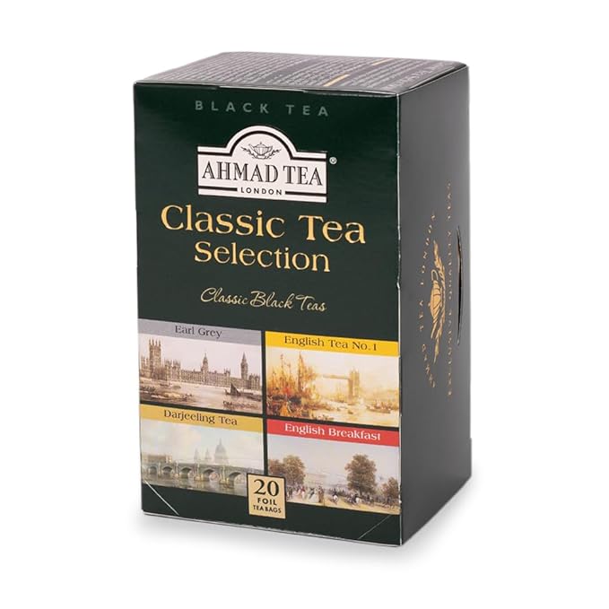 Ahmad Tea Black Tea, Classic Selection Pack Teabags, 4 Teas Earl Grey, English No.1, Darjeeling, & English Breakfast, 20 ct Teabags (Pack of 1) - Caffeinated & Sugar-Free - Bloomnest