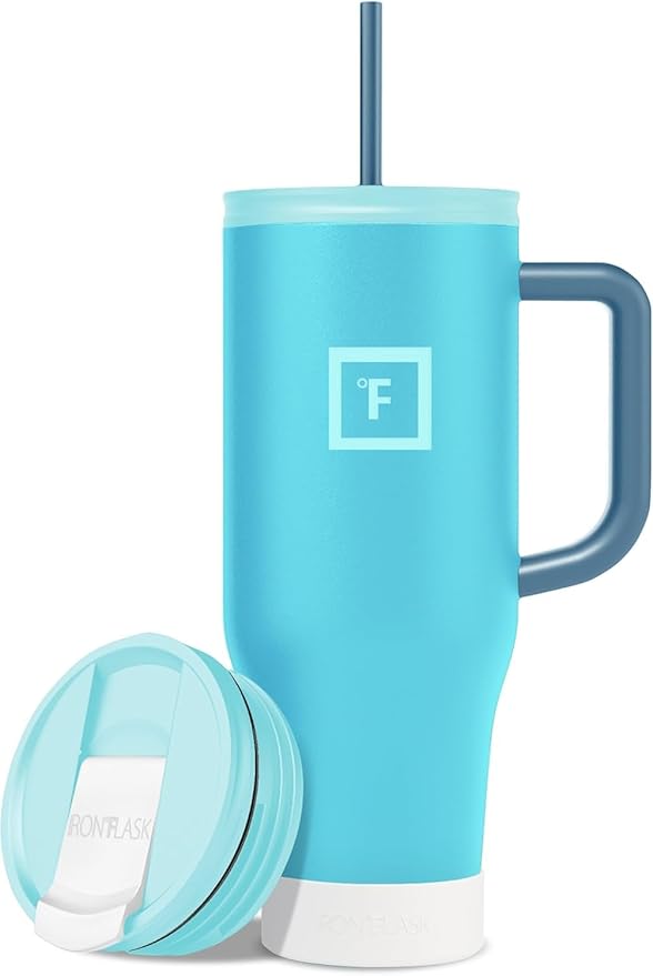 IRON °FLASK Co-Pilot Insulated Mug w/Boot, Straw & Flip Cap Lids - Cup Holder Bottle for Hot, Cold Drink - Leak-Proof - Water, Coffee Portable Travel Mug - Azure Mist, 40 Oz - Bloomnest